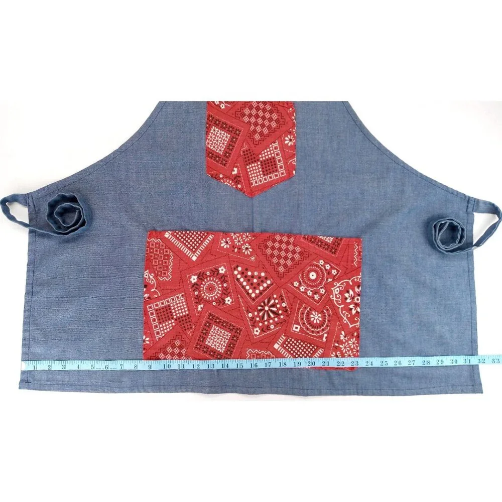 Vintage Handmade Denim Bandana Bib Apron 1970s Red 5 Pockets Handkerchief Adjust
